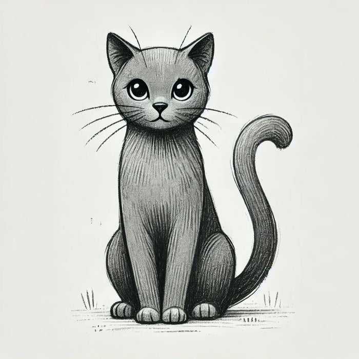 Whimsical pencil sketch of a sleek gray cat sitting upright with an elegant curled tail, displaying a curious and mischievous expression, drawn in fine linework and light shading on a clean white background