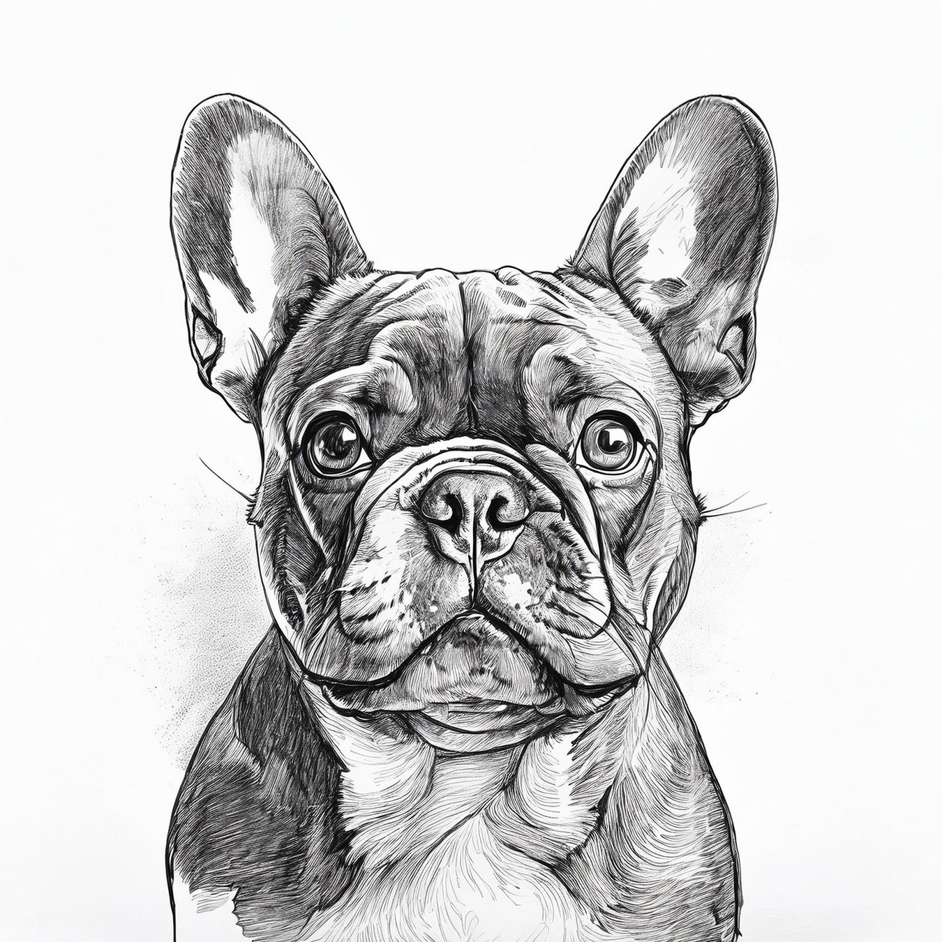 Hand-drawn ink sketch of a French Bulldog with expressive bat-like ears and detailed facial features, ideal for showcasing the breed's charm and personality.