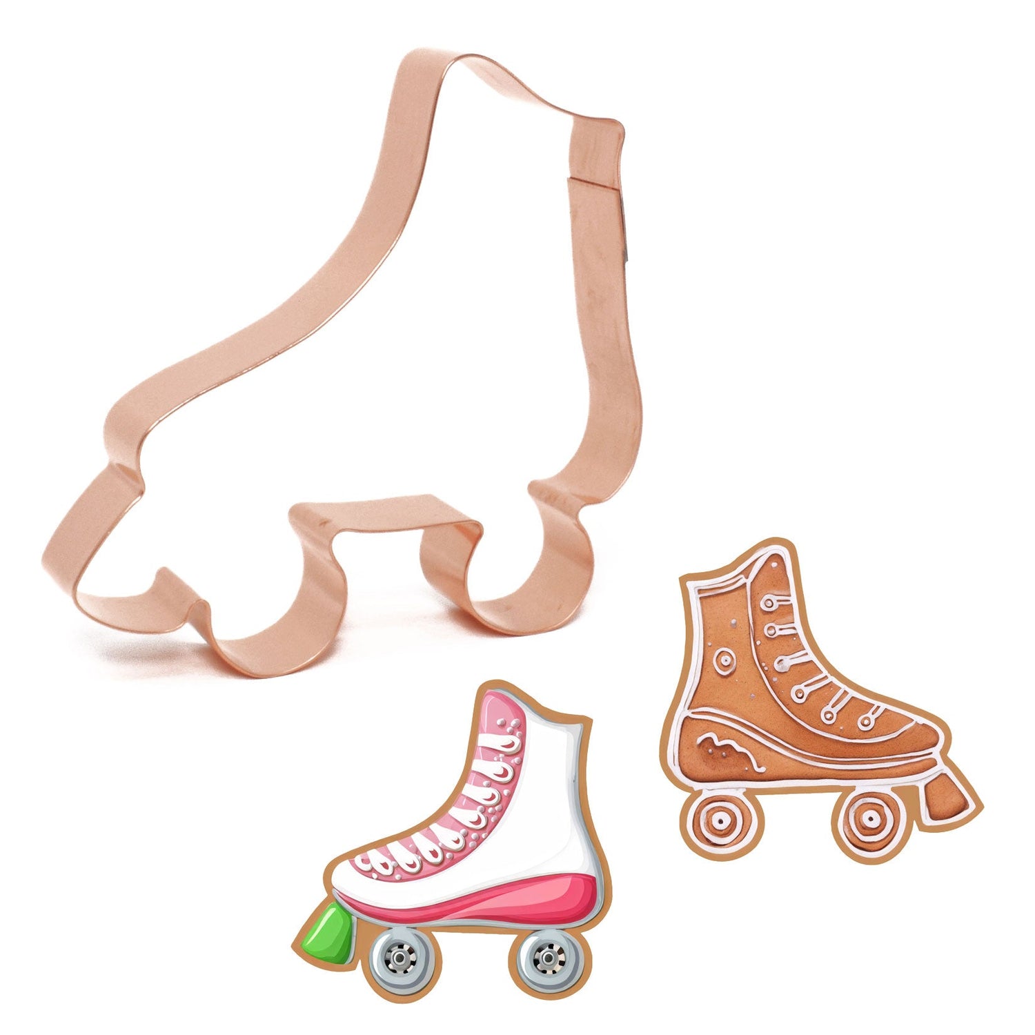 Copper roller skate cookie cutter with decorated cookie example.