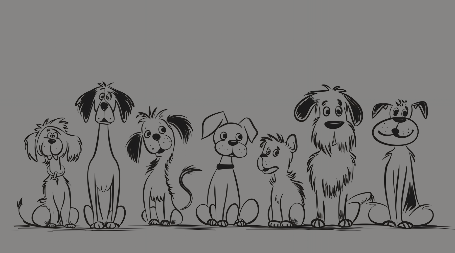 Playfully drawn cartoon dogs sitting in a row, representing The Fussy Pup’s extensive dog-themed content, including breed information, puzzles, gifts, and handmade products.