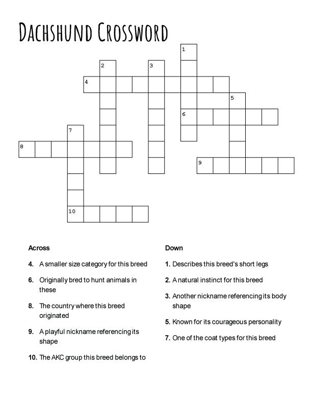FREE Dachshund Crossword Puzzle Printable Fun for Dog Lovers The FREE Dachshund Crossword Puzzle Printable Fun for Dog Lovers The