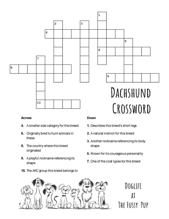 FREE Dachshund crossword puzzle printable featuring fun trivia about Wiener Dogs, emailed as a PDF for instant download.