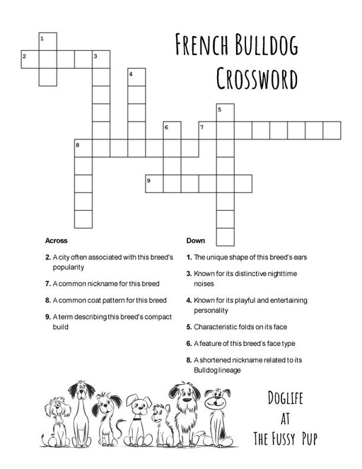 FREE French Bulldog crossword puzzle with trivia about Frenchies, emailed as a printable PDF after checkout.