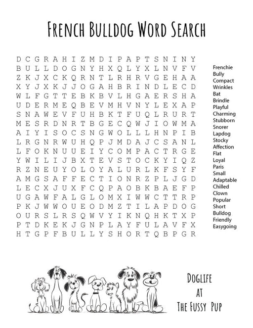 FREE French Bulldog word search printable puzzle featuring words like ‘Frenchie,’ ‘Wrinkles,’ and ‘Loyal,’ perfect for dog lovers, kids, and French Bulldog owners, available as an instant PDF download