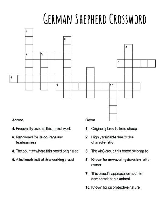 FREE German Shepherd Crossword Puzzle – Printable Fun for Dog Lovers