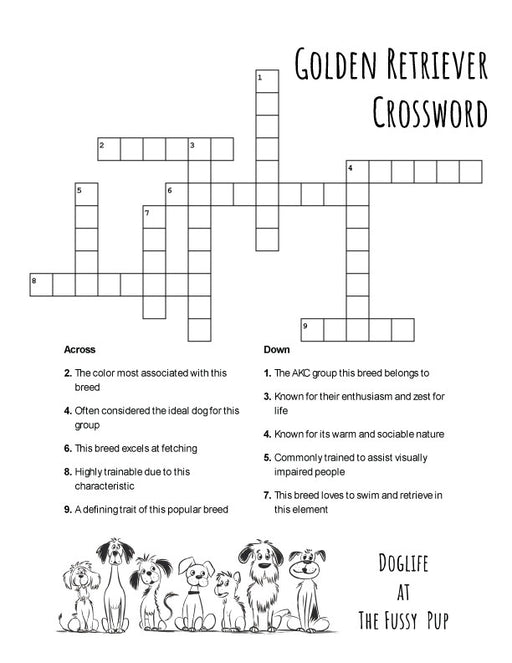 FREE Golden Retriever crossword puzzle printable featuring fun trivia about Goldens, emailed as a PDF for instant download.