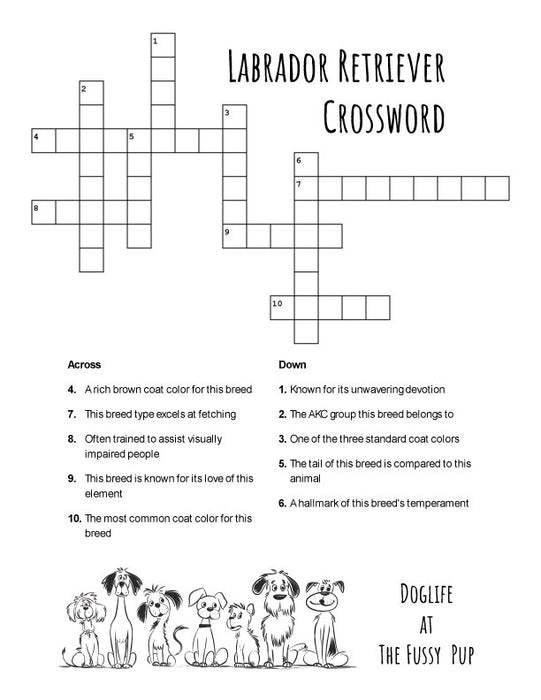 FREE Labrador Retriever crossword puzzle printable featuring trivia about Labs, emailed as a PDF for instant download.