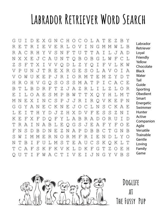 FREE Labrador Retriever word search puzzle featuring words like ‘Retriever,’ ‘Loyal,’ and ‘Friendly,’ perfect for Lab lovers, kids, and dog owners, available as a PDF download.