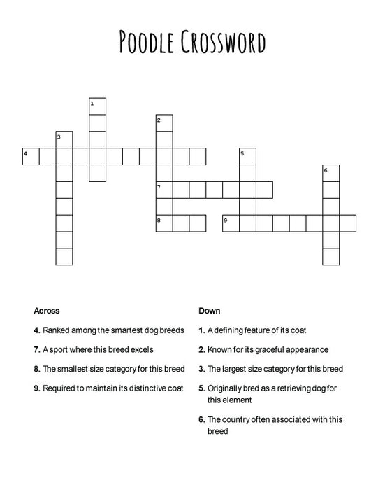 FREE Poodle Crossword Puzzle Printable Fun for Dog Lovers The Fussy Pup FREE Poodle Crossword Puzzle Printable Fun for Dog Lovers The Fussy Pup