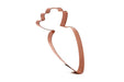 Copper cookie cutter shaped like a carrot on a white background