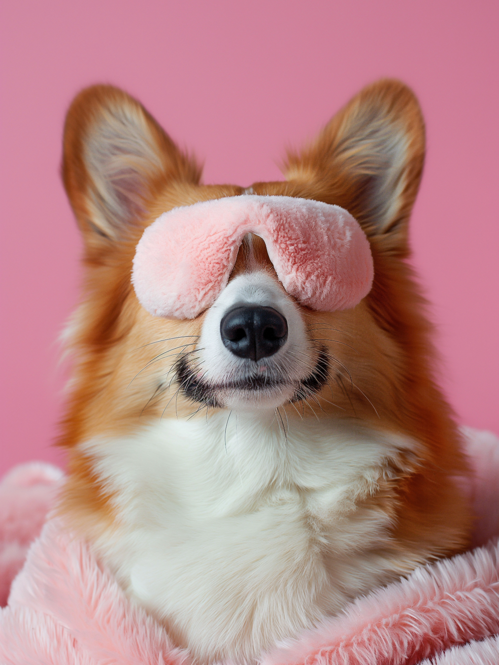 Adorable fluffy Corgi wrapped in a pink blanket, wearing a soft eye mask, showcasing The Fussy Pup’s dog gift favorites, including cookie cutters, accessories, and curated picks.