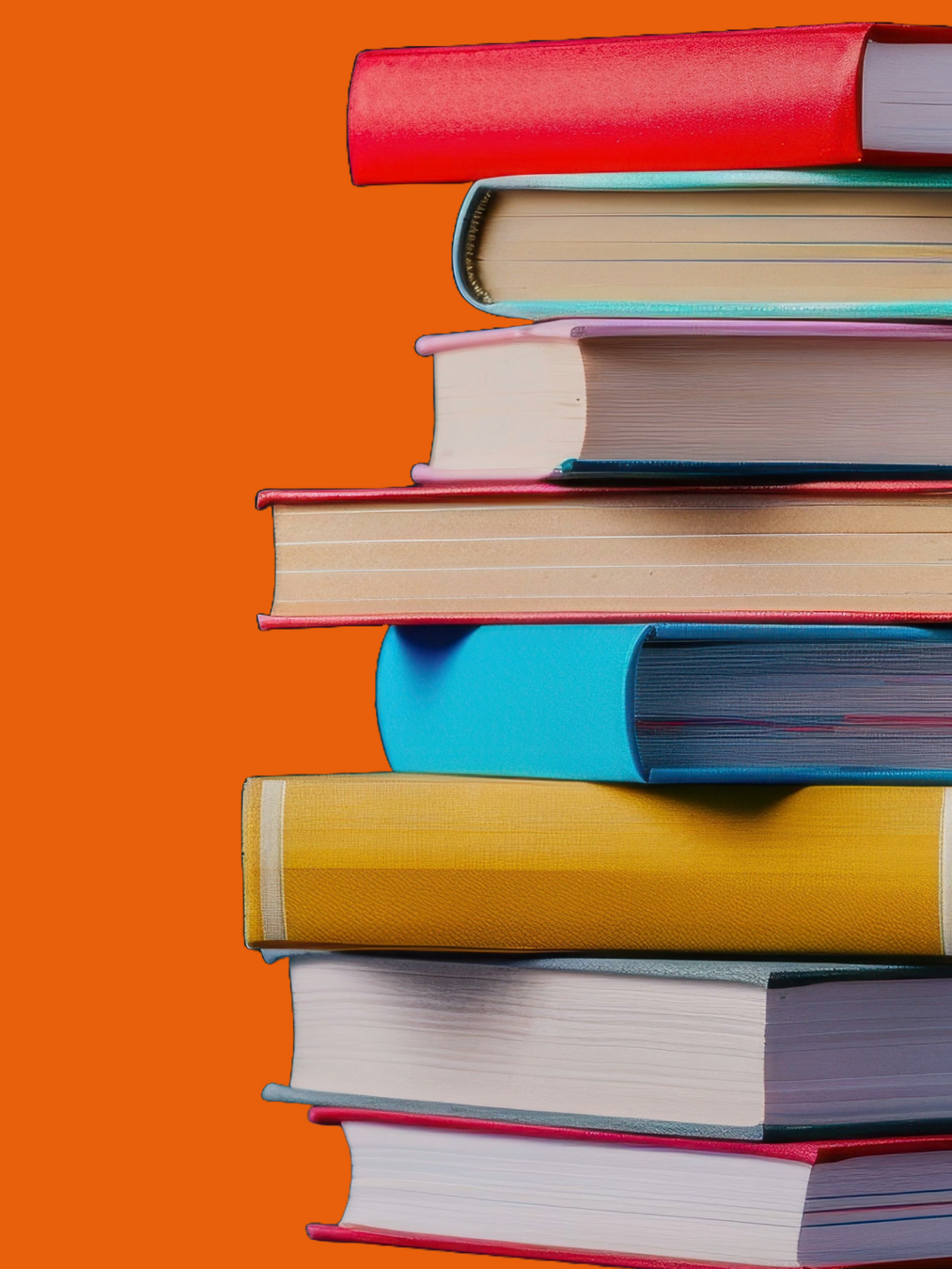 Stack of colorful cookbooks against an orange background, highlighting The Fussy Pup’s curated collection of baking cookbooks, recipes, and kitchen inspiration.