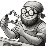 Illustration of a smiling artisan holding a handmade copper cookie cutter, symbolizing The Fussy Pup’s craftsmanship and dedication to handmade quality.