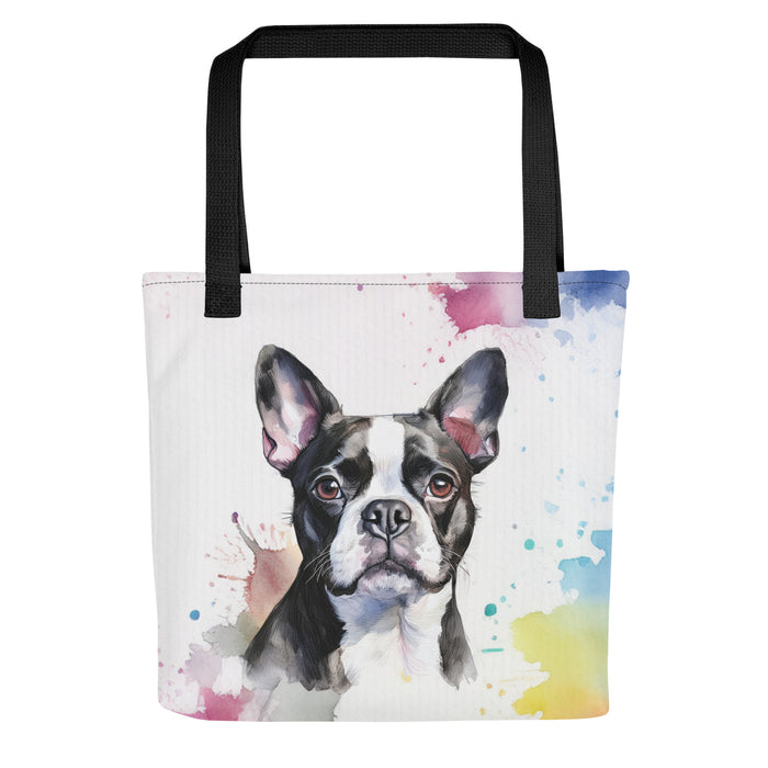 Boston Terrier Tote Bag – Watercolor Boston Canvas Bag, 15x15 with Black Handles - The Fussy Pup - Tote Bag