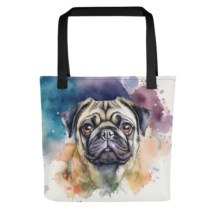 Pug Tote Bag – Watercolor Pug Canvas Bag, 15x15 with Black Handles - The Fussy Pup - 