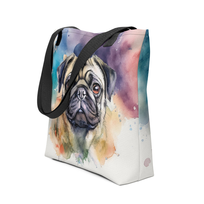 Pug Tote Bag – Watercolor Pug Canvas Bag, 15x15 with Black Handles - The Fussy Pup - 