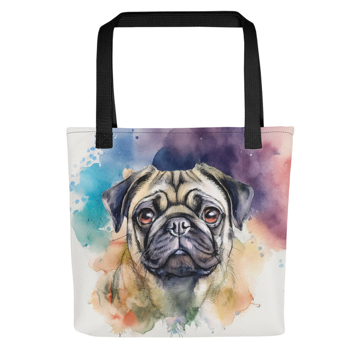 Pug Tote Bag – Watercolor Pug Canvas Bag, 15x15 with Black Handles - The Fussy Pup - 