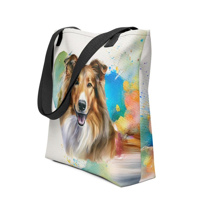 Collie Tote Bag – Watercolor Collie Canvas Bag, 15x15 with Black Handles - The Fussy Pup - 