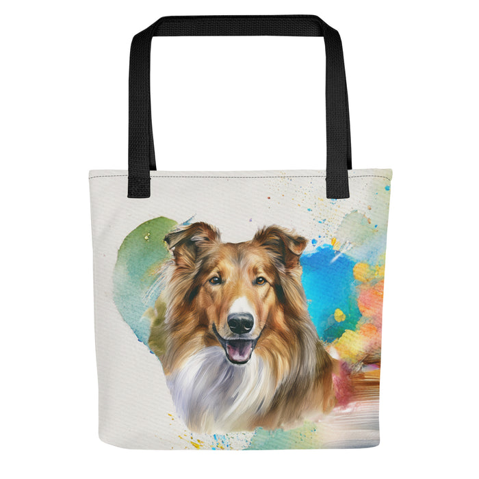 Collie Tote Bag – Watercolor Collie Canvas Bag, 15x15 with Black Handles - The Fussy Pup - 