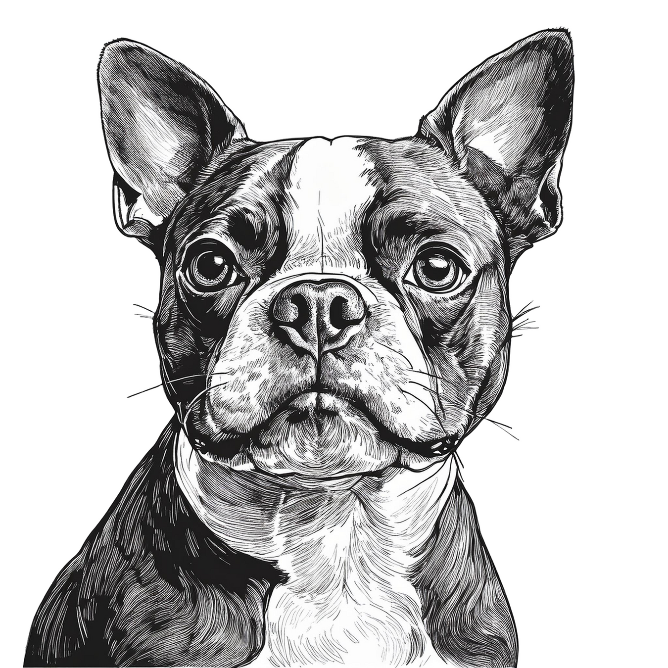 Black-and-white photo of a Boston Terrier wearing a bow tie, sitting at a dining table with a plate in front. A charming depiction of the 'American Gentleman' breed.