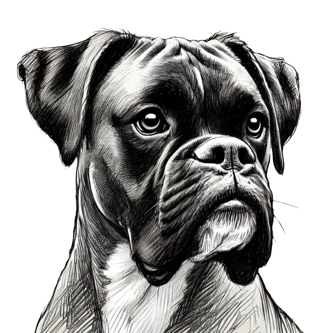 Artistic pencil sketch of a Boxer dog, highlighting its muscular build, expressive face, and loyal personality. Minimalistic background keeps the focus on the dog.