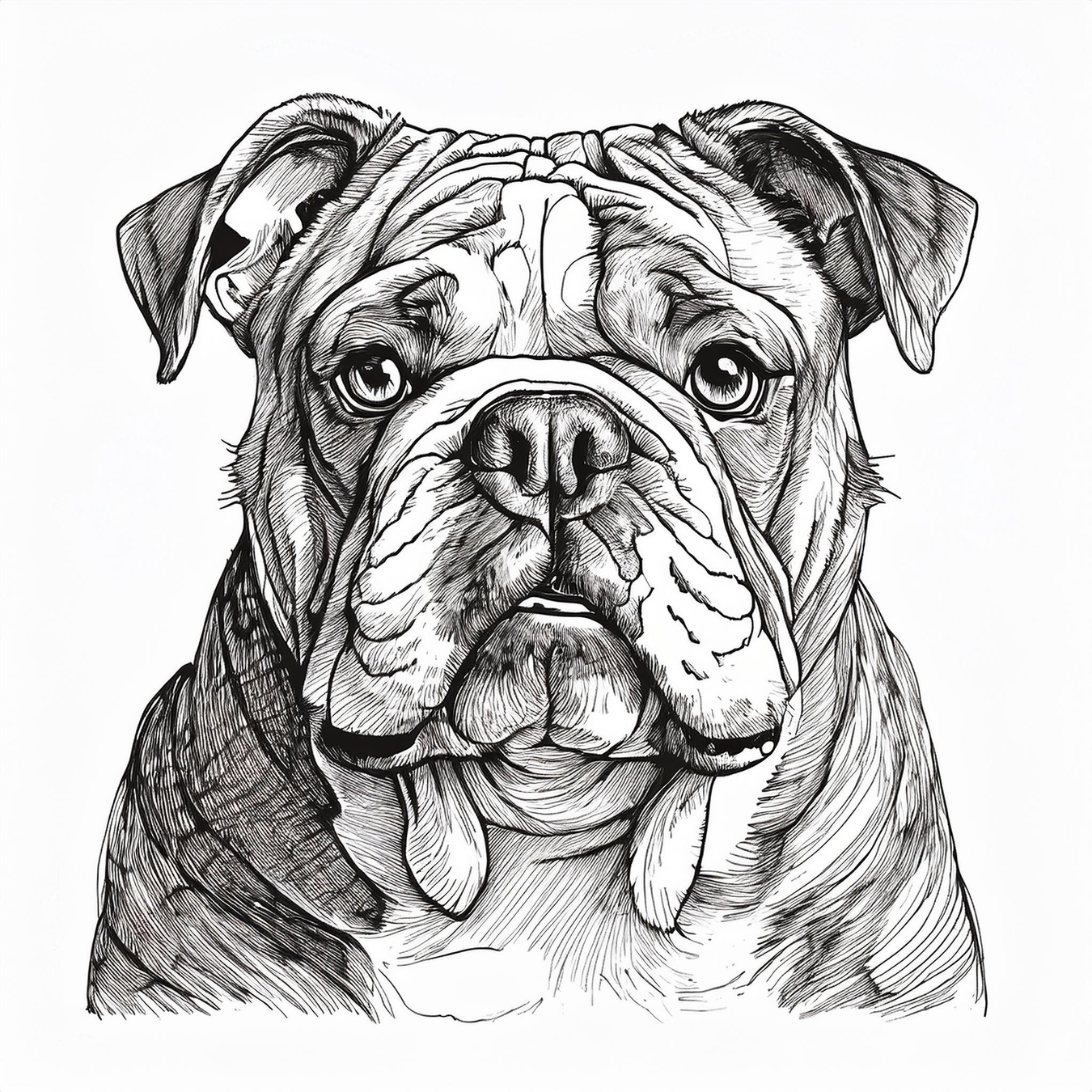 Cartoon drawing of an English Bulldog with a wrinkled face, stocky build, and a playful expression, sitting in a relaxed pose with a simple, white background.