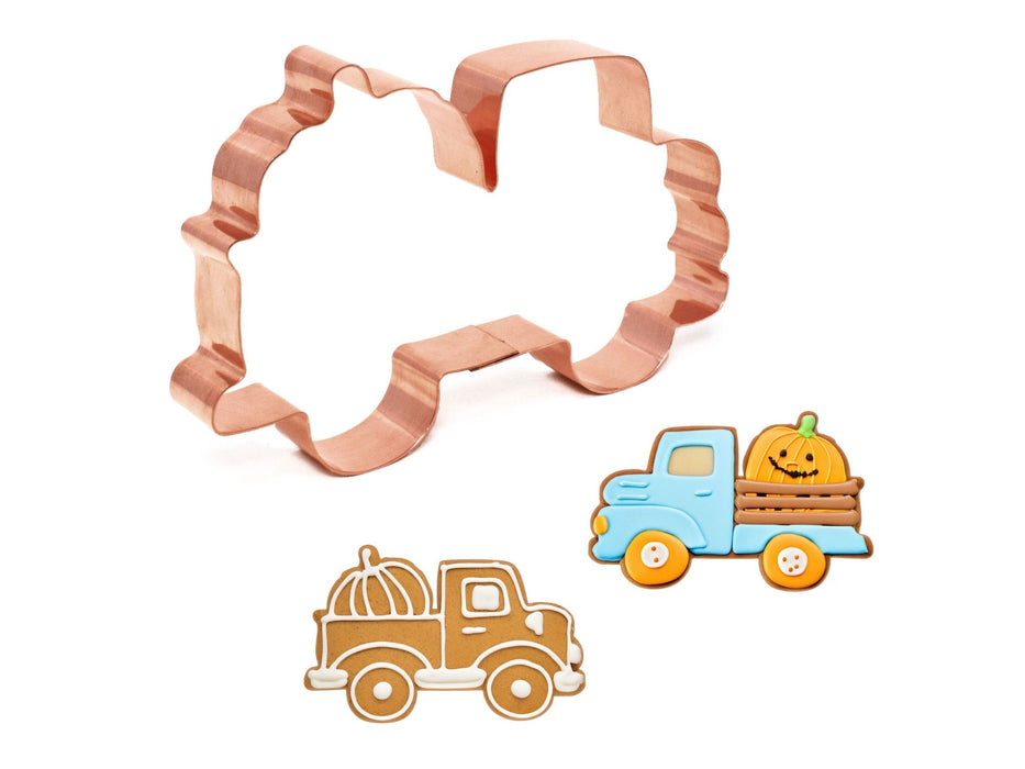 Truck with Pumpkin Cookie Cutter, 5.5 x 3.5 inches, Handcrafted Copper by The Fussy Pup - made in the USA 