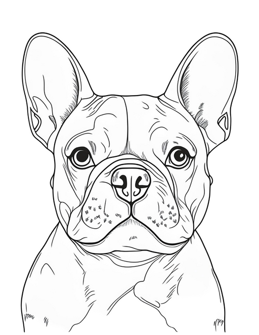 Free French Bulldog coloring page, black-and-white illustration, downloadable PDF, perfect for kids, adults, and dog lovers.