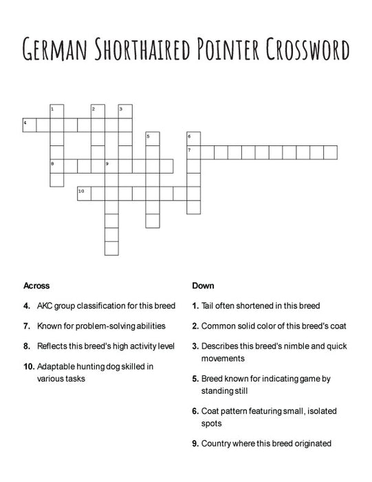 FREE German Shorthaired Pointer Crossword Puzzle – Printable Fun for Dog Lovers