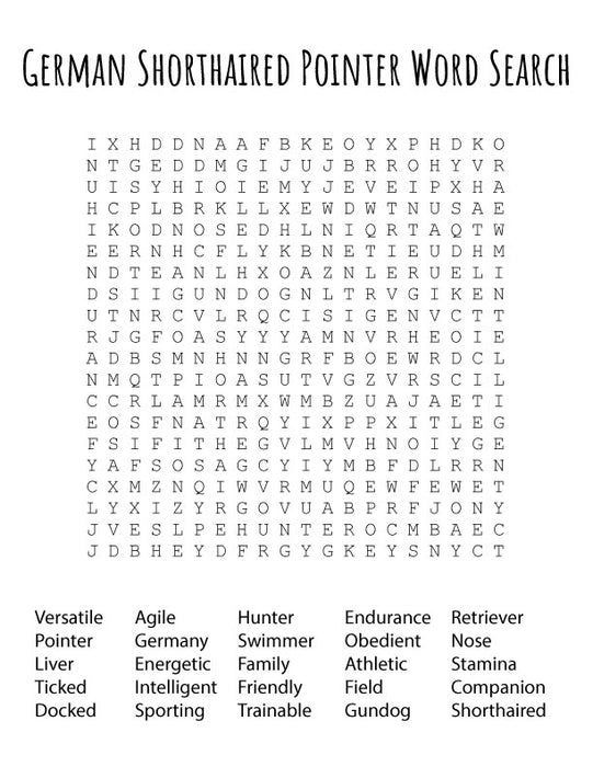 FREE German Shorthaired Pointer Word Search Puzzle – Printable Fun Activity for Dog Lovers