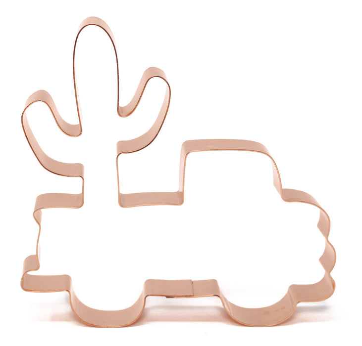 Grandpa's Farm Truck with Cactus Cookie Cutter 5.5 X 5.25 inches - Handcrafted Copper Cookie Cutter by The Fussy Pup