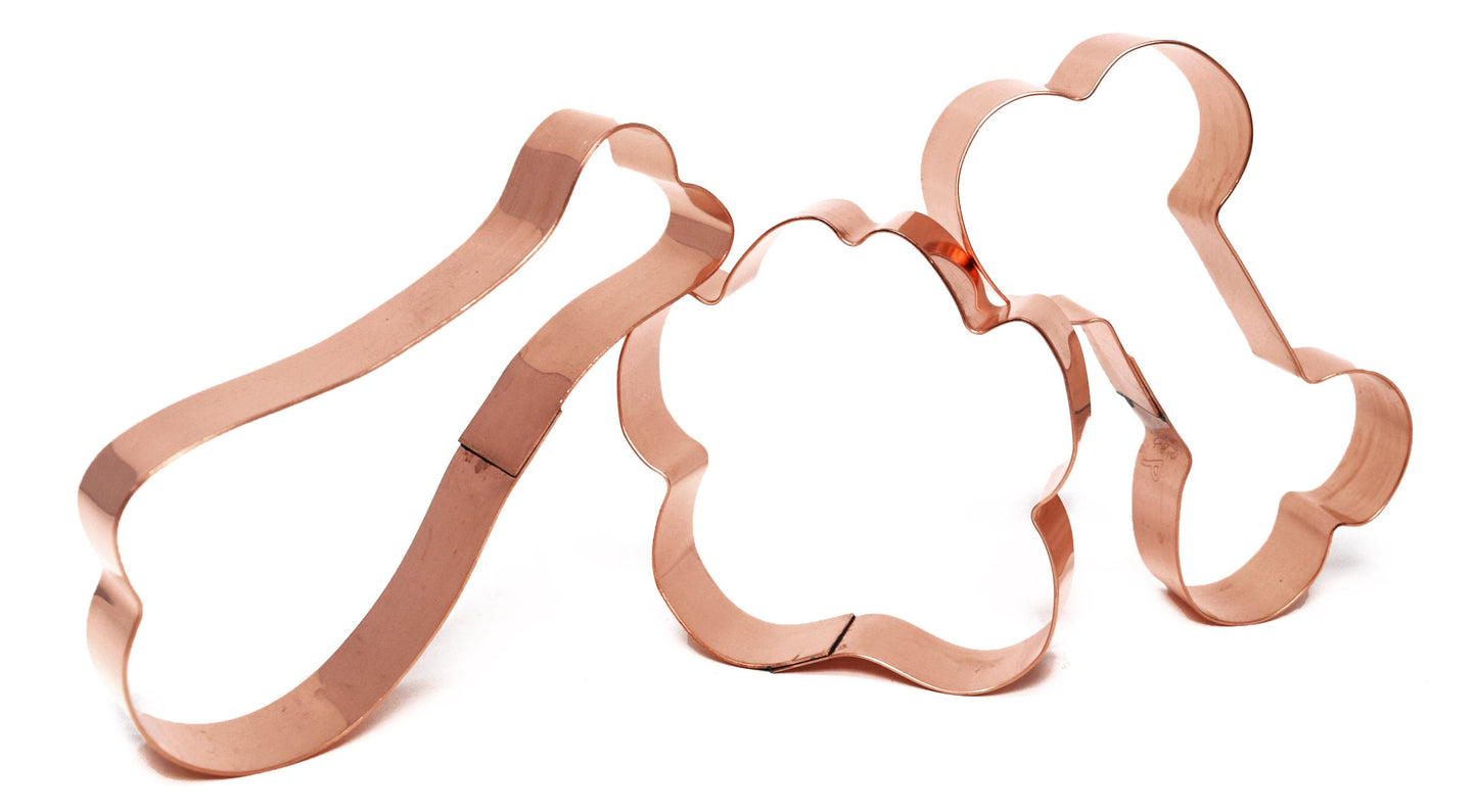 3 Piece Dog Treat Copper Cutter Set ~ Dog Bone Chicken Leg and Paw 3 - 4.25 inches - Handcrafted Copper Cookie Cutters by The Fussy Pup