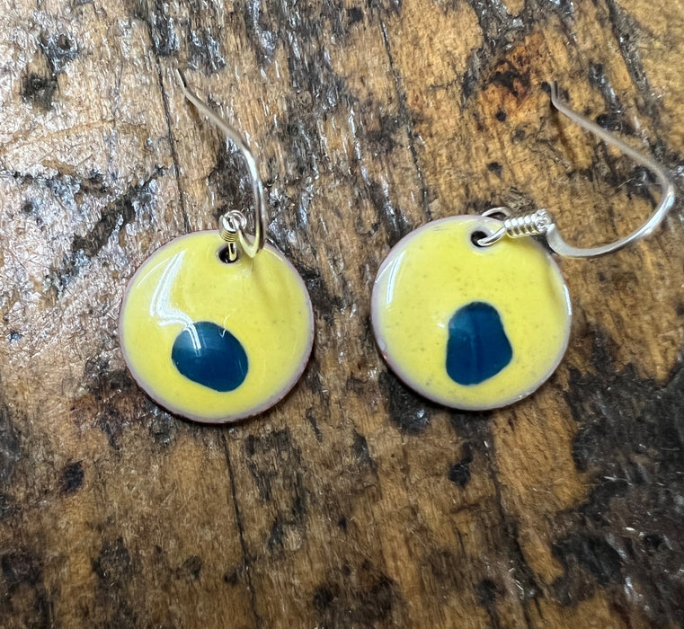 Yellow and Blue Handmade Enameled Copper Earrings ~ 5/8 inch round earrings sterling silver ear wire