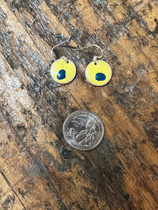 Yellow and Blue Handmade Enameled Copper Earrings ~ 5/8 inch round earrings sterling silver ear wire