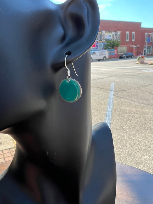 Small Transparent Turquoise Handmade Enameled Copper Earrings ~ 5/8 inch round earrings sterling silver ear wire