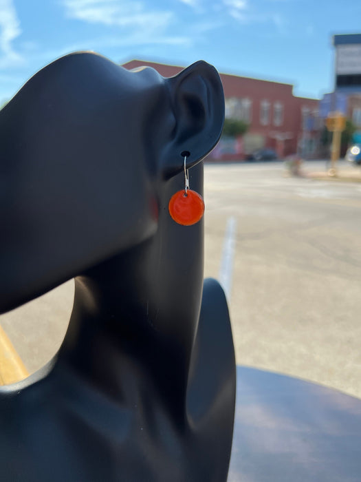 Small Transparent Orange Handmade Enameled Copper Earrings ~ 5/8 inch round earrings sterling silver ear wire