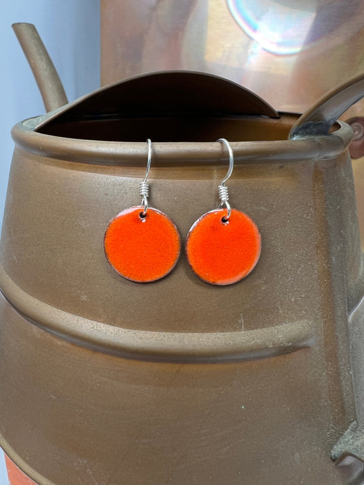 Small Transparent Orange Handmade Enameled Copper Earrings ~ 5/8 inch round earrings sterling silver ear wire