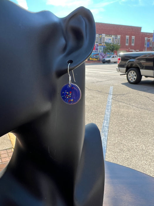 Small Transparent Periwinkle Blue with Glass Confetti Handmade Enameled Copper Earrings ~ 5/8 inch round earrings sterling silver ear wire