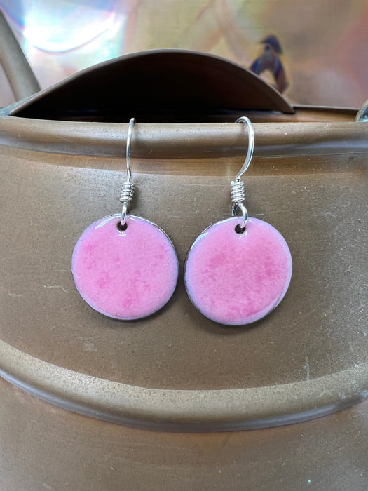 Small Petal Pink Handmade Enameled Copper Earrings ~ 5/8 inch round earrings sterling silver ear wire