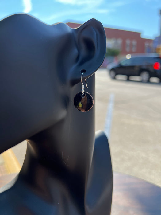 Small Black with Bitter Green Accents  Handmade Enameled Copper Earrings ~ 5/8 inch round earrings sterling silver ear wire