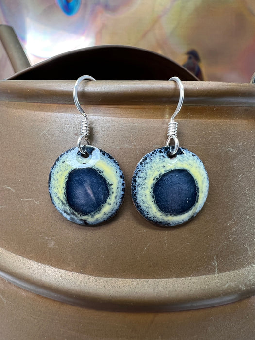 Small Oddly Holographic Eye Handmade Enameled Copper Earrings ~ 5/8 inch round earrings sterling silver ear wire