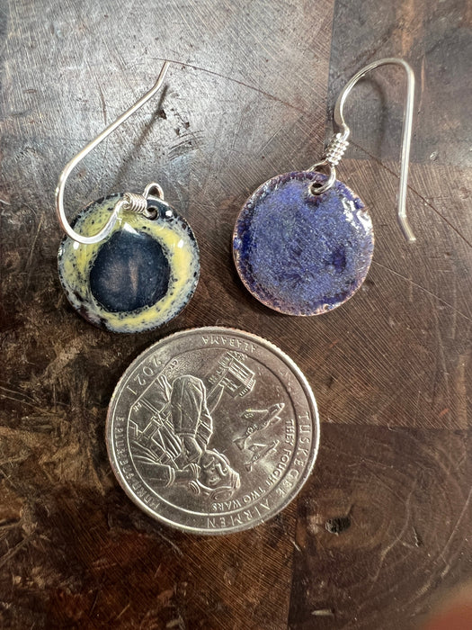 Small Oddly Holographic Eye Handmade Enameled Copper Earrings ~ 5/8 inch round earrings sterling silver ear wire