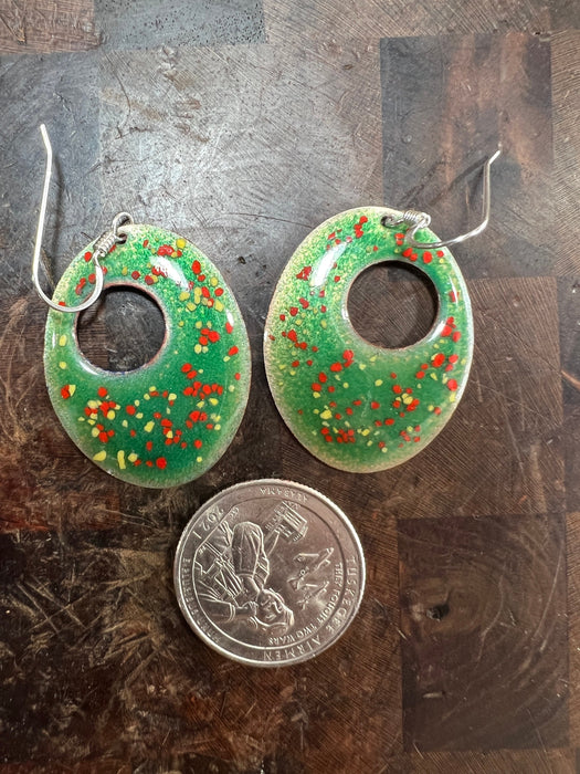 Handmade Enameled Copper Earrings ~~ Christmas Evergreen with Gold and Red Confetti ~ Sterling Silver Ear wires