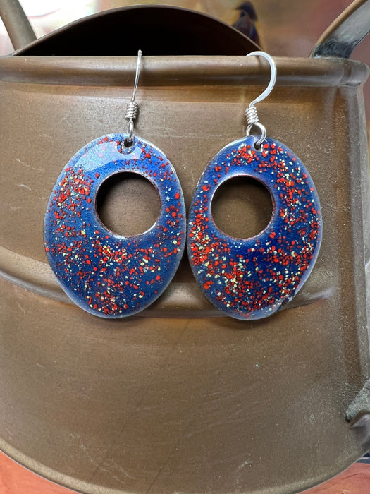 Handmade Enameled Copper Earrings ~~ Periwinkle Blue with Gold and Red Confetti ~ Sterling Silver Ear wires