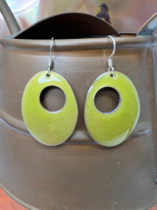 Transparent Chartreuse Yellow Green Enameled Copper Dangle Earrings ~ Sterling Silver Ear wires - Handcrafted in the USA