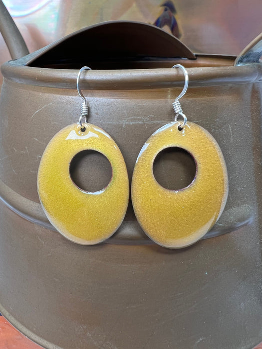 Dangling Golden Yellow Handmade Enameled Copper Earrings with Sterling Silver French Hook Ear wires by The Fussy Pup