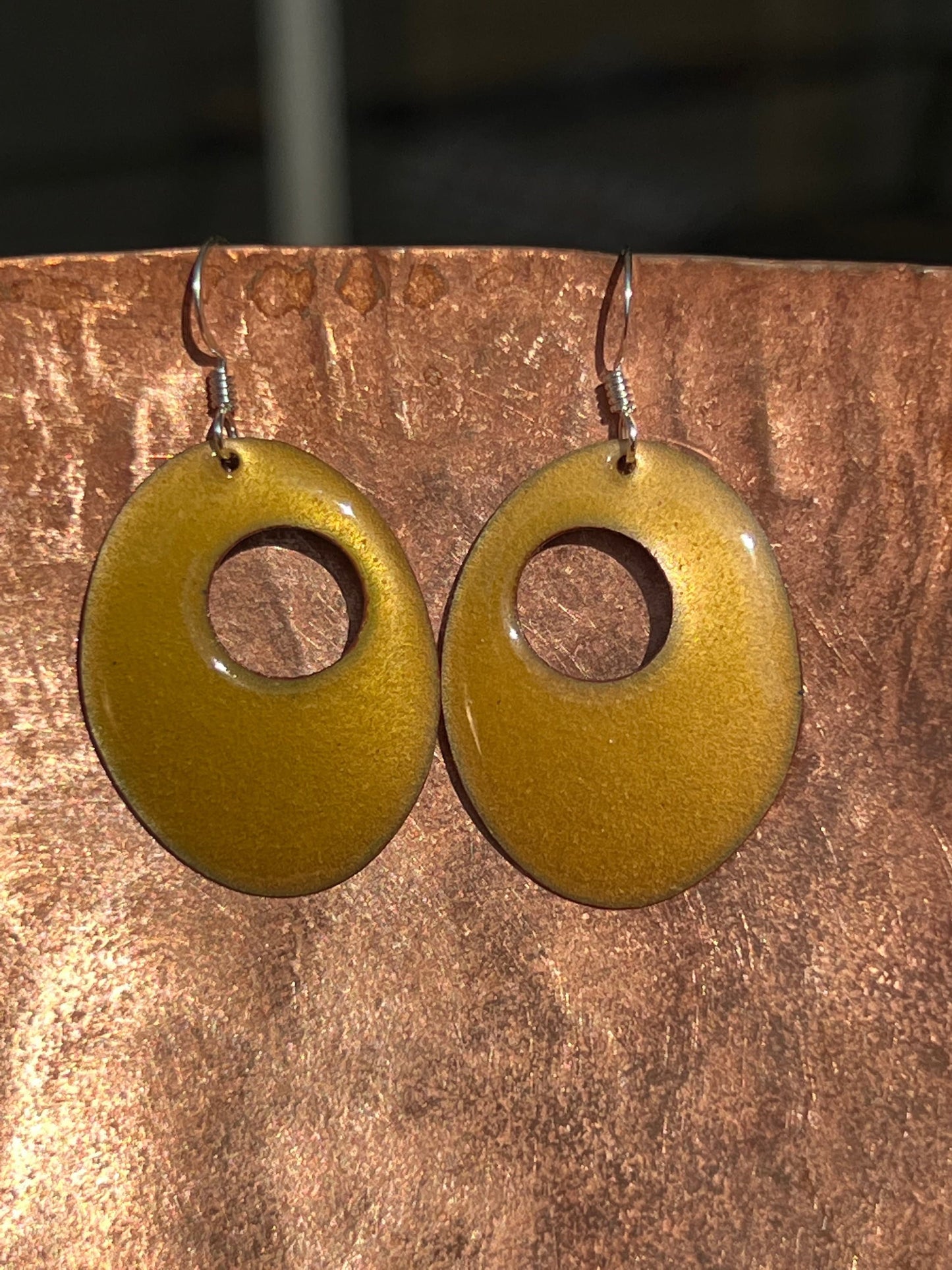 Dangling Golden Yellow Handmade Enameled Copper Earrings with Sterling Silver French Hook Ear wires by The Fussy Pup