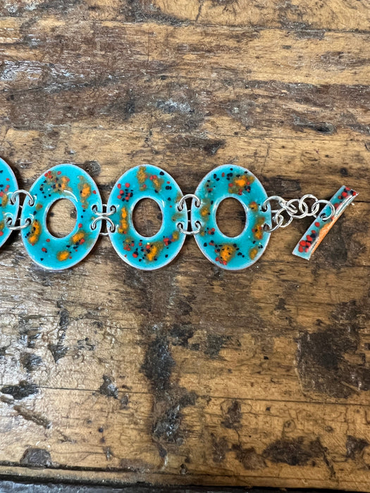 Handmade Enameled Copper Bracelet ~ Aqua Blue / Orange with Black and Red Confetti