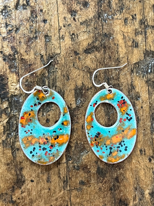 Handmade Enameled Copper Earrings ~~ Aqua Blue and Orange with Black and Red Confetti