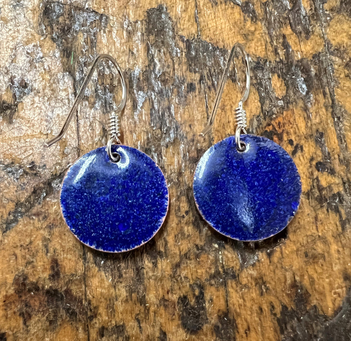 Yellow and Blue Handmade Enameled Copper Earrings ~ 5/8 inch round earrings sterling silver ear wire